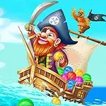 Một tên cướp biển vui vẻ đang đứng trên thuyền với con vẹt và nhiều quả bóng màu sắc xung quanh