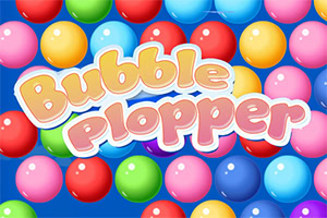 Các quả bóng nhiều màu sắc trên nền xanh với chữ Bubble Plopper ở giữa