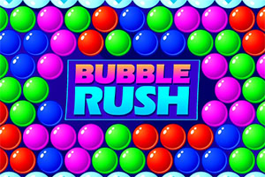 Các bong bóng nhiều màu bao quanh chữ BUBBLE RUSH nổi bật trên nền xanh
