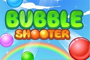 Dòng chữ BUBBLE SHOOTER màu xanh lá cây và màu cam nổi bật trên nền bầu trời xanh, với các quả bong bóng nhiều màu sắc và cầu vồng