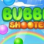 Dòng chữ BUBBLE SHOOTER màu xanh lá cây và màu cam nổi bật trên nền bầu trời xanh, với các quả bong bóng nhiều màu sắc và cầu vồng