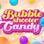 Chữ Bubble Shooter Candy 2 với nền kẹo màu sắc và các bong bóng nhiều màu sắc xung quanh