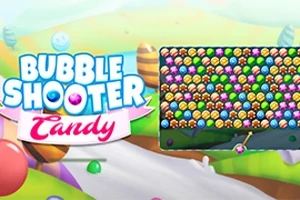 Một cảnh nền đầy màu sắc với kẹo và dòng chữ Bubble Shooter Candy bên cạnh lưới bóng nhiều màu sắc
