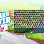 Một cảnh nền đầy màu sắc với kẹo và dòng chữ Bubble Shooter Candy bên cạnh lưới bóng nhiều màu sắc