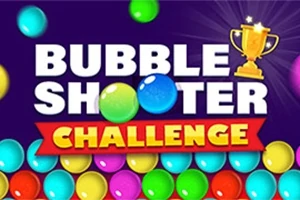Hình ảnh có chữ BUBBLE SHOOTER CHALLENGE với cúp vàng và các quả bóng màu sắc trên nền tím
