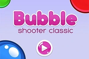 Nền màu tím nhạt với các quả bóng nhiều màu sắc và chữ Bubble shooter classic màu hồng ở giữa cùng một nút phát ở phía dưới