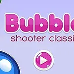 Nền màu tím nhạt với các quả bóng nhiều màu sắc và chữ Bubble shooter classic màu hồng ở giữa cùng một nút phát ở phía dưới