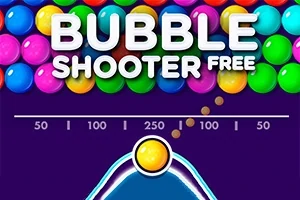 Hình ảnh hiển thị nhiều quả bóng màu sắc với văn bản BUBBLE SHOOTER FREE trên nền tím