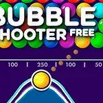 Hình ảnh hiển thị nhiều quả bóng màu sắc với văn bản BUBBLE SHOOTER FREE trên nền tím