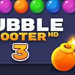 Các quả bóng màu sắc xếp hàng phía trên với dòng chữ BUBBLE SHOOTER HD 3 và hình ảnh quả bom màu cam có ngòi nổ