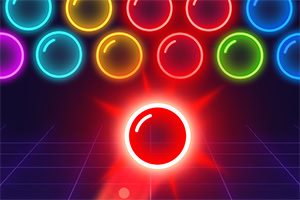 Bubble Shooter Neon Hình ảnh các quả cầu phát sáng màu đỏ, vàng, xanh dương và xanh lá cây nổi bật trên nền tối