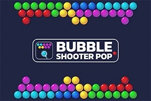 Các viên bóng màu xanh, đỏ, vàng và tím sắp xếp thành hàng phía trên với tên BUBBLE SHOOTER POP ở giữa