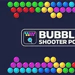 Các viên bóng màu xanh, đỏ, vàng và tím sắp xếp thành hàng phía trên với tên BUBBLE SHOOTER POP ở giữa