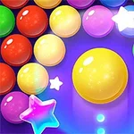 Bức ảnh hiển thị các quả bóng nhiều màu sắc sáng bóng, bao quanh một quả bóng màu vàng lớn ở trung tâm, cùng với các ngôi sao lấp lánh trên nền màu tím