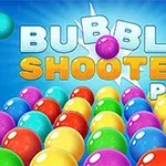 Các quả bóng màu sắc rực rỡ nổi bật trên nền xanh với chữ BUBBLE SHOOTER PRO