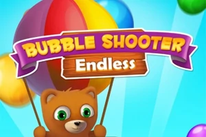 Gấu nâu cầm quả bóng bay với dòng chữ Bubble Shooter Endless trên nền xanh da trời cùng nhiều bóng màu sắc