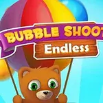 Gấu nâu cầm quả bóng bay với dòng chữ Bubble Shooter Endless trên nền xanh da trời cùng nhiều bóng màu sắc