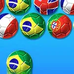 Hình ảnh các quả bóng đá với cờ quốc gia của Brazil, Bồ Đào Nha, Đức, Pháp, và Vương quốc Anh trên nền màu xanh