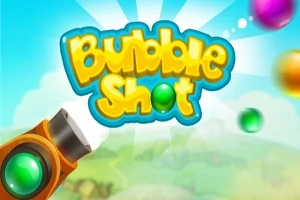 Dòng chữ Bubble Shot nổi bật với bối cảnh nền xanh, có hình ảnh một khẩu súng bắn bóng với các quả bóng nhiều màu sắc