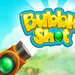 Dòng chữ Bubble Shot nổi bật với bối cảnh nền xanh, có hình ảnh một khẩu súng bắn bóng với các quả bóng nhiều màu sắc