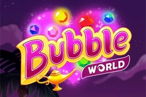 Hình ảnh có chữ Bubble World với đèn thần và các viên đá quý nhiều màu sắc trên nền màu tím