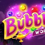 Hình ảnh có chữ Bubble World với đèn thần và các viên đá quý nhiều màu sắc trên nền màu tím