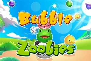 Hình ảnh có chữ Bubble Zoobies đầy màu sắc kèm các nhân vật động vật dễ thương như ếch và các bong bóng thú xung quanh trên nền trời xanh