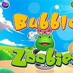 Hình ảnh có chữ Bubble Zoobies đầy màu sắc kèm các nhân vật động vật dễ thương như ếch và các bong bóng thú xung quanh trên nền trời xanh