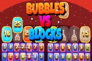 Chữ Bubbles vs Blocks nổi bật với các ô số và bảng màu sắc rực rỡ trên nền đỏ