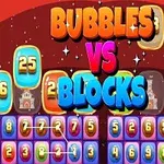 Chữ Bubbles vs Blocks nổi bật với các ô số và bảng màu sắc rực rỡ trên nền đỏ