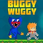 Nhân vật hoạt hình màu xanh và nhân vật màu cam pixel đứng cạnh nhau dưới một ngọn đuốc, với dòng chữ Buggy Wuggy phía trên