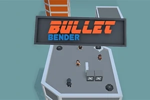 Hình ảnh hiển thị một tòa nhà với ba nhân vật và một bảng hiệu lớn ghi Bullet Bender trên mái nhà