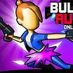 Nhân vật hoạt hình cầm hai khẩu súng trên nền tím với chữ Bullet Rush Online phía trên