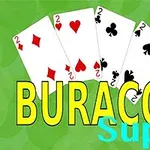 Các lá bài 2 rô, 2 cơ, 2 tép và 2 bích phía trên chữ BURACO Super trên nền xanh