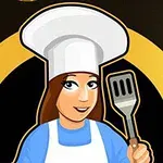Đầu bếp hoạt hình đội mũ trắng cầm xẻng chiên, trên nền vàng và đen