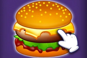 Hình ảnh một chiếc burger với lớp phô mai và rau diếp, có một bàn tay hoạt hình chỉ vào