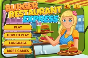 Hình ảnh một phụ nữ tóc vàng cầm khay phục vụ với hamburger và khoai tây chiên, bên cạnh các nút lựa chọn khác nhau