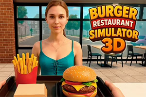 Cô gái ngồi trong nhà hàng với khay hamburger và khoai tây chiên ở phía trước, bên cạnh dòng chữ Burger Restaurant Simulator 3D