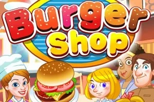 Hình ảnh hiển thị tiêu đề Burger Shop với chữ đầy màu sắc, bên cạnh là hình một chiếc burger lớn và bốn nhân vật hoạt hình vui vẻ