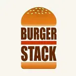 Chữ BURGER STACK được đặt giữa hai phần của một chiếc bánh mì kẹp thịt