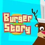Một chú nai đội mũ đầu bếp bên cạnh chữ Burger Story trên nền xanh lam