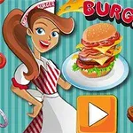 Hình ảnh một cô gái trong đồng phục phục vụ với mái tóc dài, cầm một đĩa bánh hamburger lớn, xung quanh có các nguyên liệu như thịt, nấm, và hành tây, với chữ BURGER TIME ở phía trên