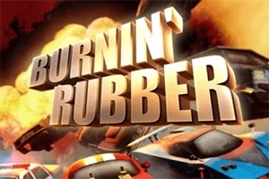 Hình ảnh có dòng chữ lớn Burnin Rubber nổi bật trước các chiếc xe đang đua và một vụ nổ ở phía sau