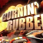 Hình ảnh có dòng chữ lớn Burnin Rubber nổi bật trước các chiếc xe đang đua và một vụ nổ ở phía sau