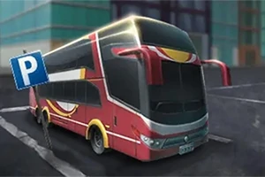 Xe buýt hai tầng màu đỏ đang đỗ gần biển báo P giữa khung cảnh thành phố hiện đại