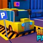Xe buýt màu vàng đang đậu trong bãi đỗ xe với biển hiệu chữ P và dòng chữ Bus Parking ở phía trước