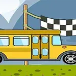 Xe buýt màu vàng đang di chuyển trên nền cỏ xanh với cờ đích kẻ ô trắng đen phía sau