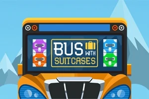 Xe buýt màu cam với biển hiệu Bus with Suitcases và hình ảnh vali nhiều màu sắc, phía sau là núi