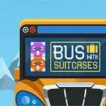 Xe buýt màu cam với biển hiệu Bus with Suitcases và hình ảnh vali nhiều màu sắc, phía sau là núi