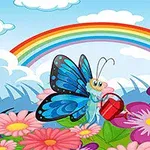 Con bướm xanh với đôi cánh rực rỡ nằm trên những bông hoa đầy màu sắc dưới cầu vồng trong bầu trời đầy mây